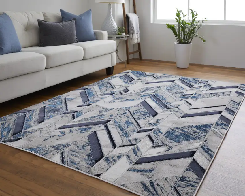 Ivory and Blue Chevron Power Loom Distressed Area Rug Photo 5