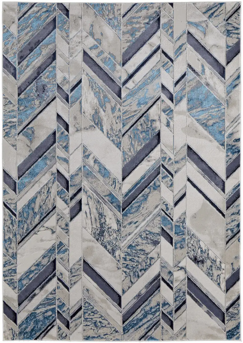 Ivory and Blue Chevron Power Loom Distressed Area Rug Photo 2