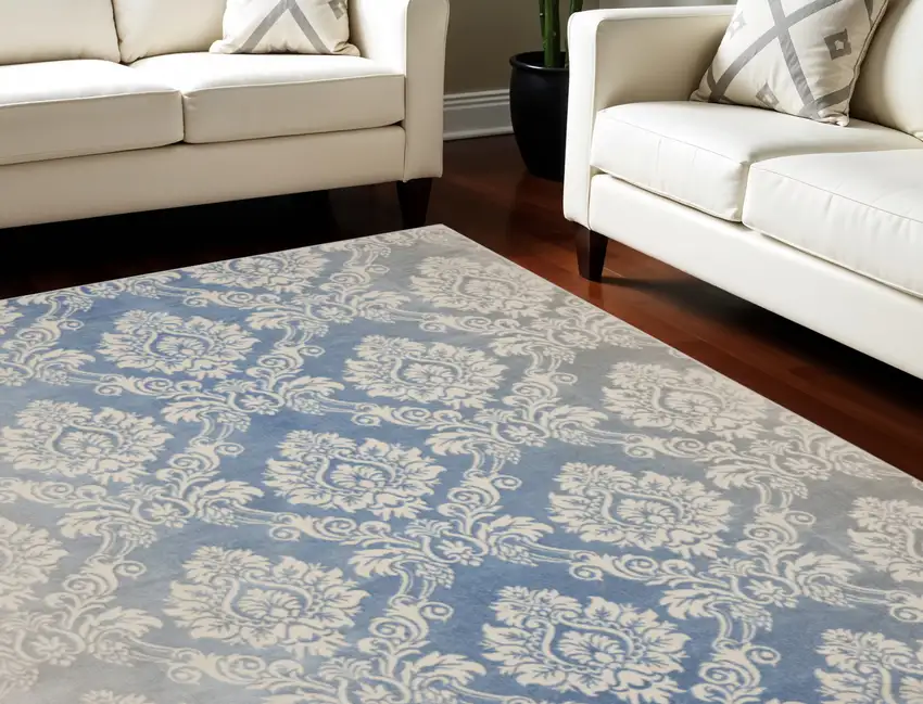 Ivory and Blue Damask Distressed Non Skid Area Rug Photo 1