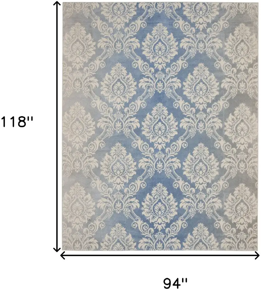 Ivory and Blue Damask Distressed Non Skid Area Rug Photo 3