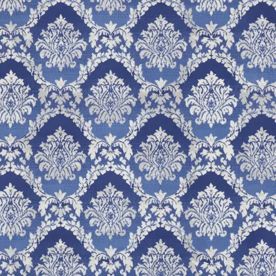 Ivory and Blue Damask Distressed Non Skid Area Rug Photo 5