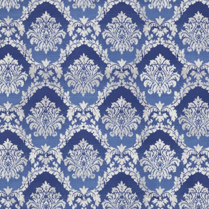 Ivory and Blue Damask Distressed Non Skid Area Rug Photo 5