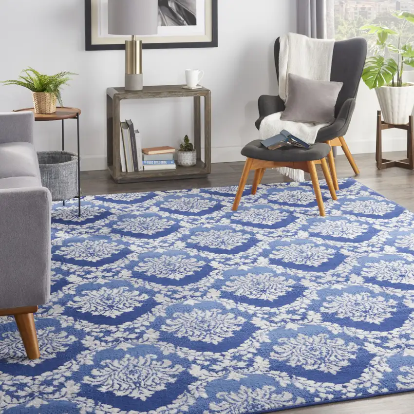Ivory and Blue Damask Distressed Non Skid Area Rug Photo 4