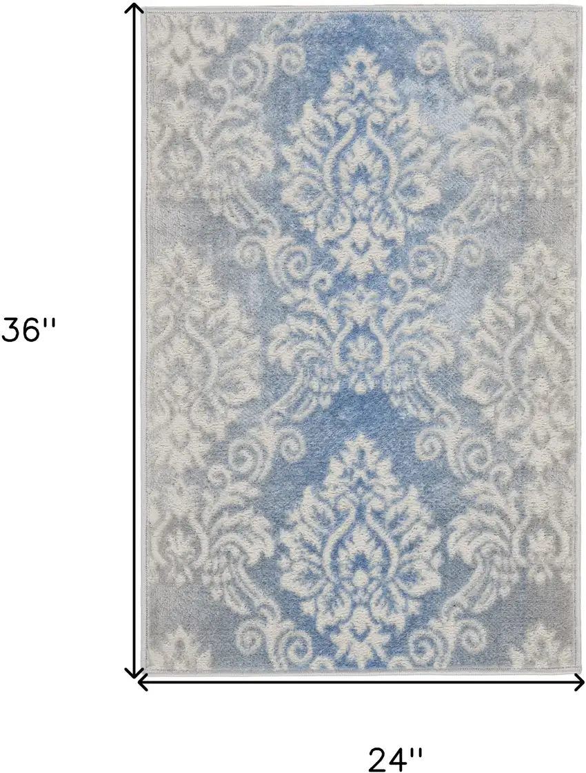 Ivory and Blue Damask Distressed Non Skid Area Rug Photo 3