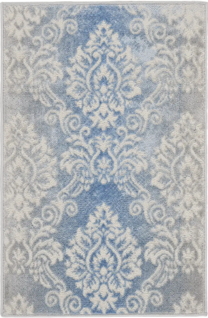 Ivory and Blue Damask Distressed Non Skid Area Rug Photo 2
