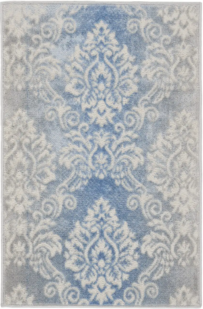 Ivory and Blue Damask Distressed Non Skid Area Rug Photo 4
