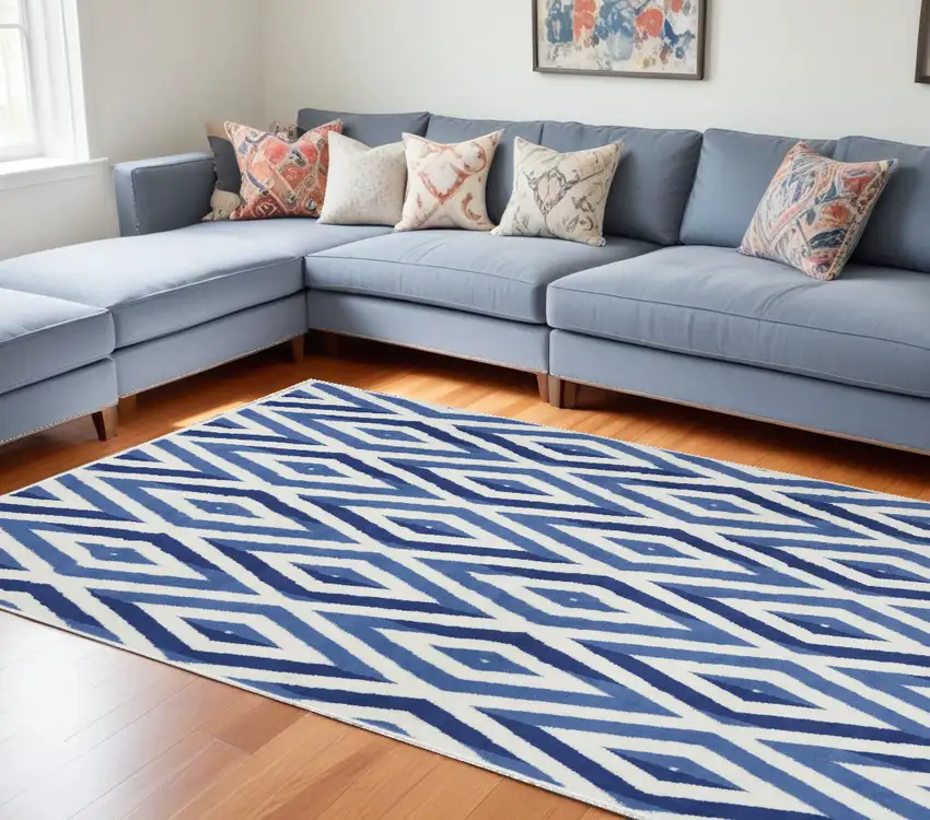Blue And Ivory Geometric Dhurrie Area Rug Photo 1