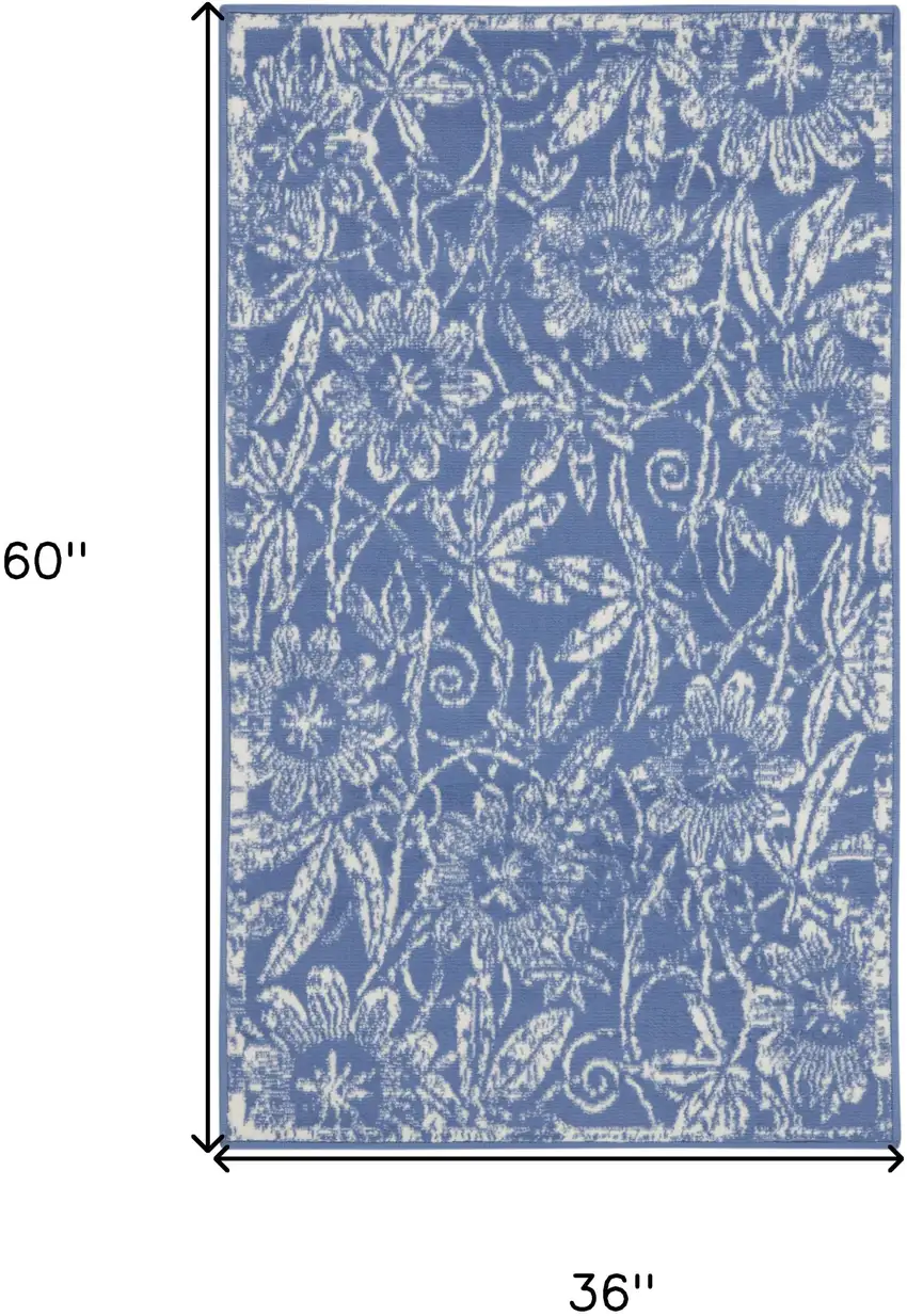 Ivory and Blue Floral Distressed Area Rug Photo 3