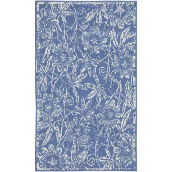 Ivory and Blue Floral Distressed Area Rug Photo 1