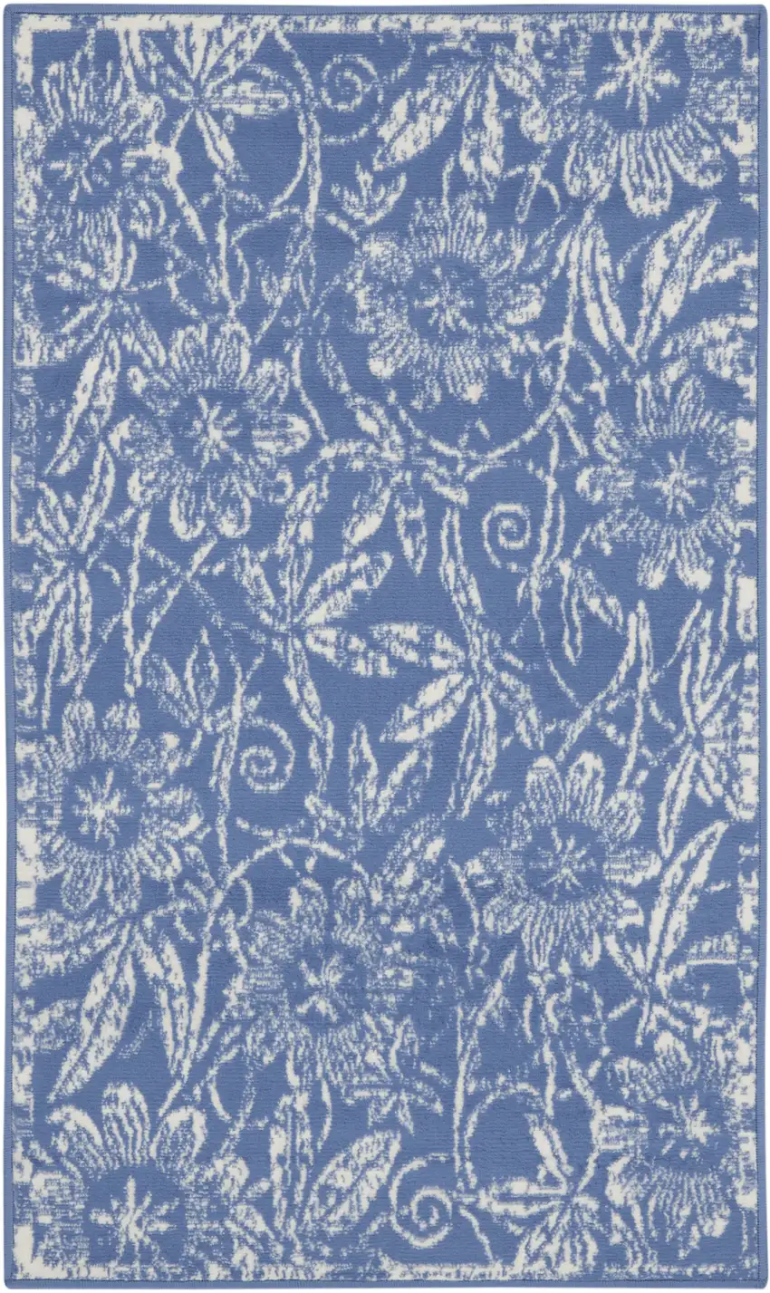 Ivory and Blue Floral Distressed Area Rug Photo 1