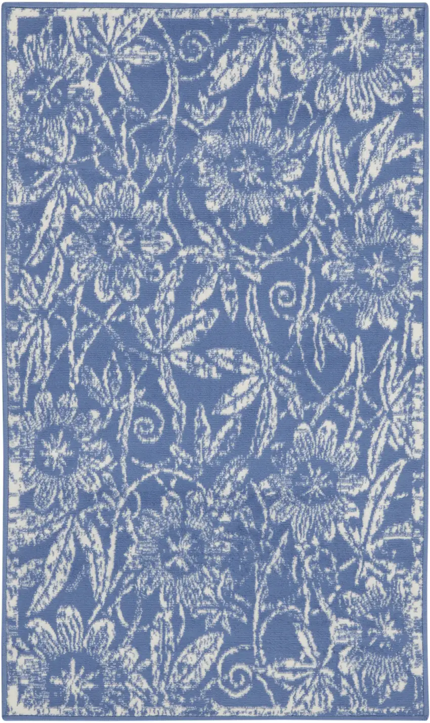 Ivory and Blue Floral Distressed Area Rug Photo 2