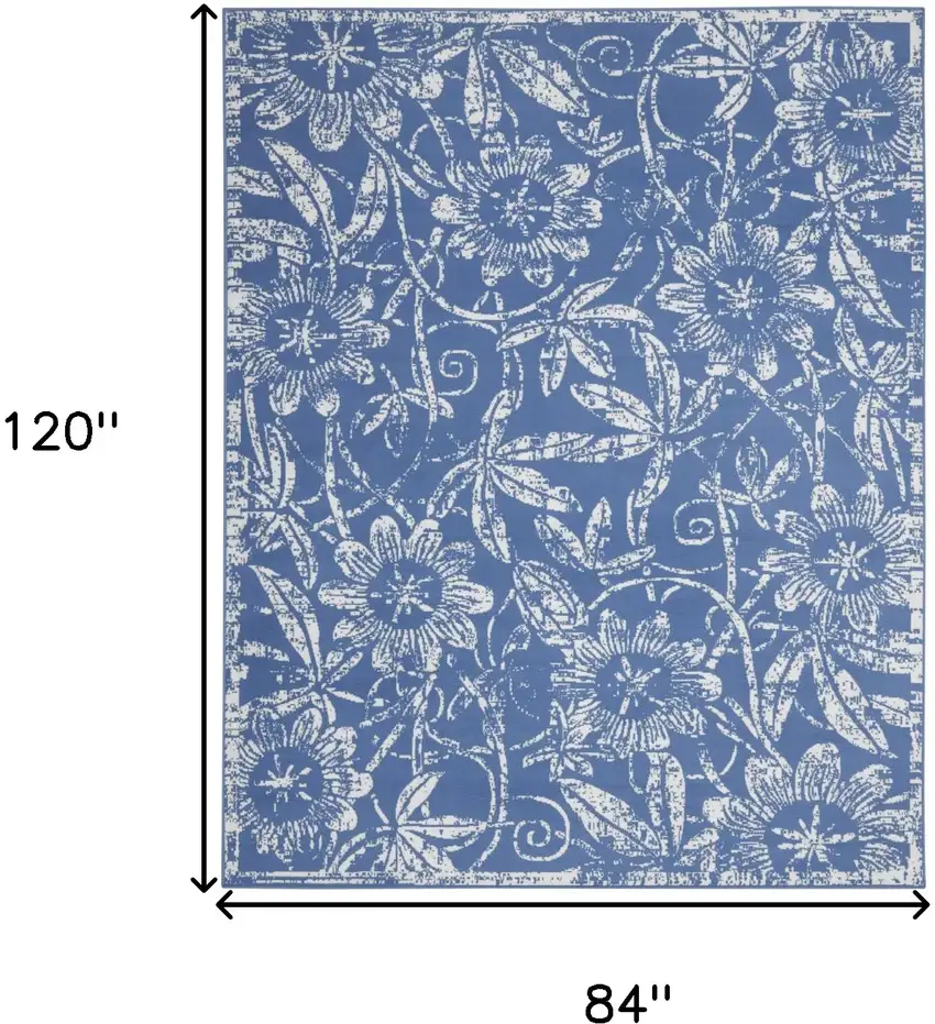 Ivory and Blue Floral Distressed Non Skid Area Rug Photo 3