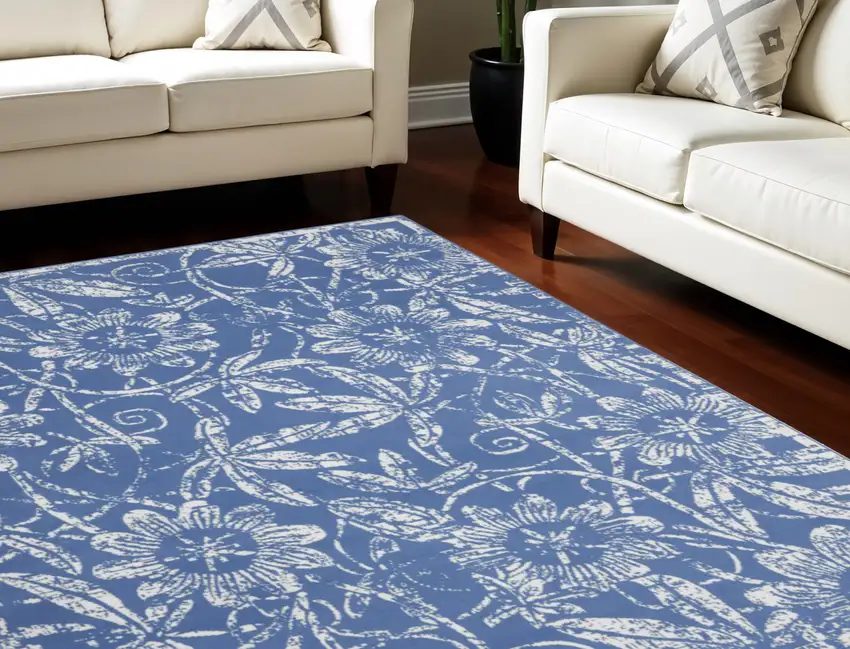 Ivory and Blue Floral Distressed Non Skid Area Rug Photo 1