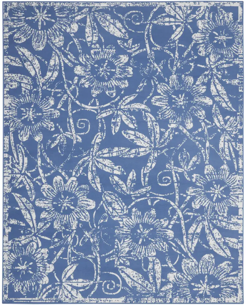 Ivory and Blue Floral Distressed Non Skid Area Rug Photo 2