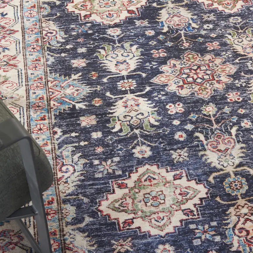 Ivory and Blue Floral Medallion Distressed Non Skid Area Rug Photo 9