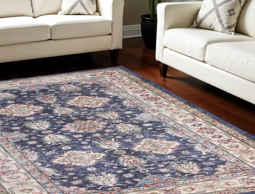 Ivory and Blue Floral Medallion Distressed Non Skid Area Rug Photo 1