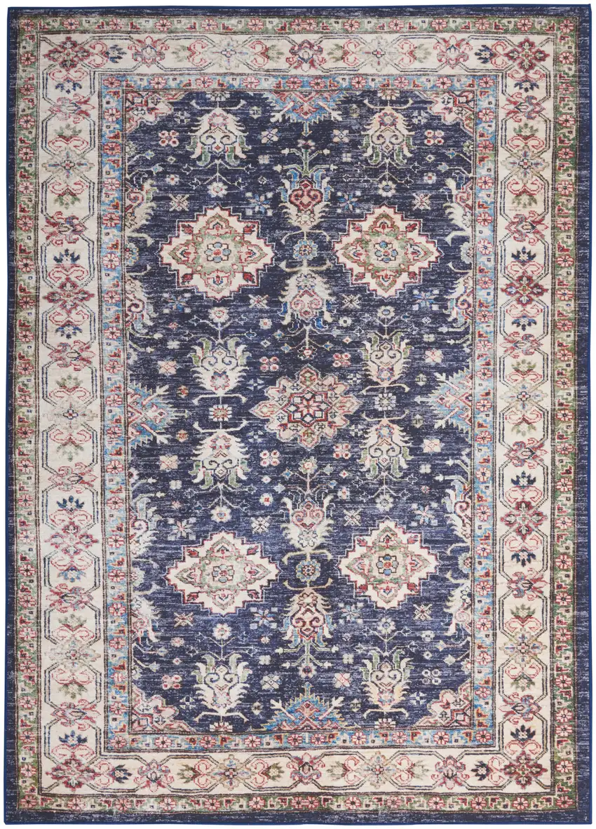 Ivory and Blue Floral Medallion Distressed Non Skid Area Rug Photo 8
