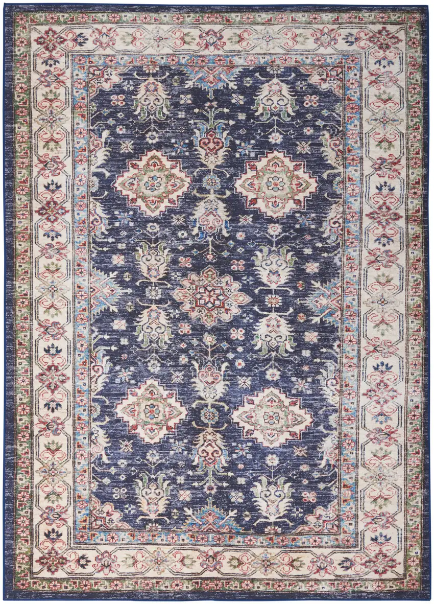 Ivory and Blue Floral Medallion Distressed Non Skid Area Rug Photo 8