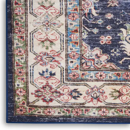 Ivory and Blue Floral Medallion Distressed Non Skid Area Rug Photo 8