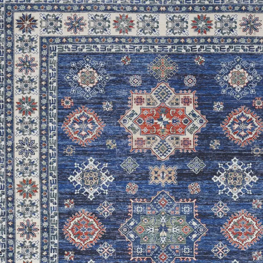 Ivory and Blue Floral Medallion Distressed Non Skid Area Rug Photo 7