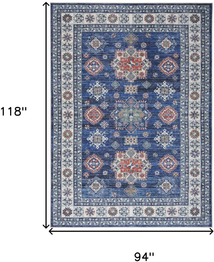 Ivory and Blue Floral Medallion Distressed Non Skid Area Rug Photo 3