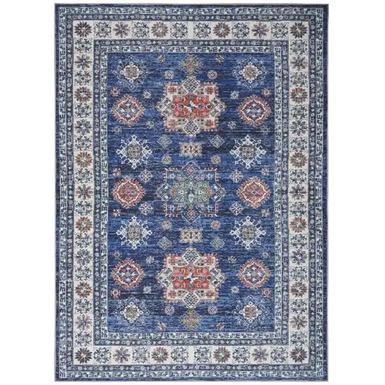 Ivory and Blue Floral Medallion Distressed Non Skid Area Rug Photo 1