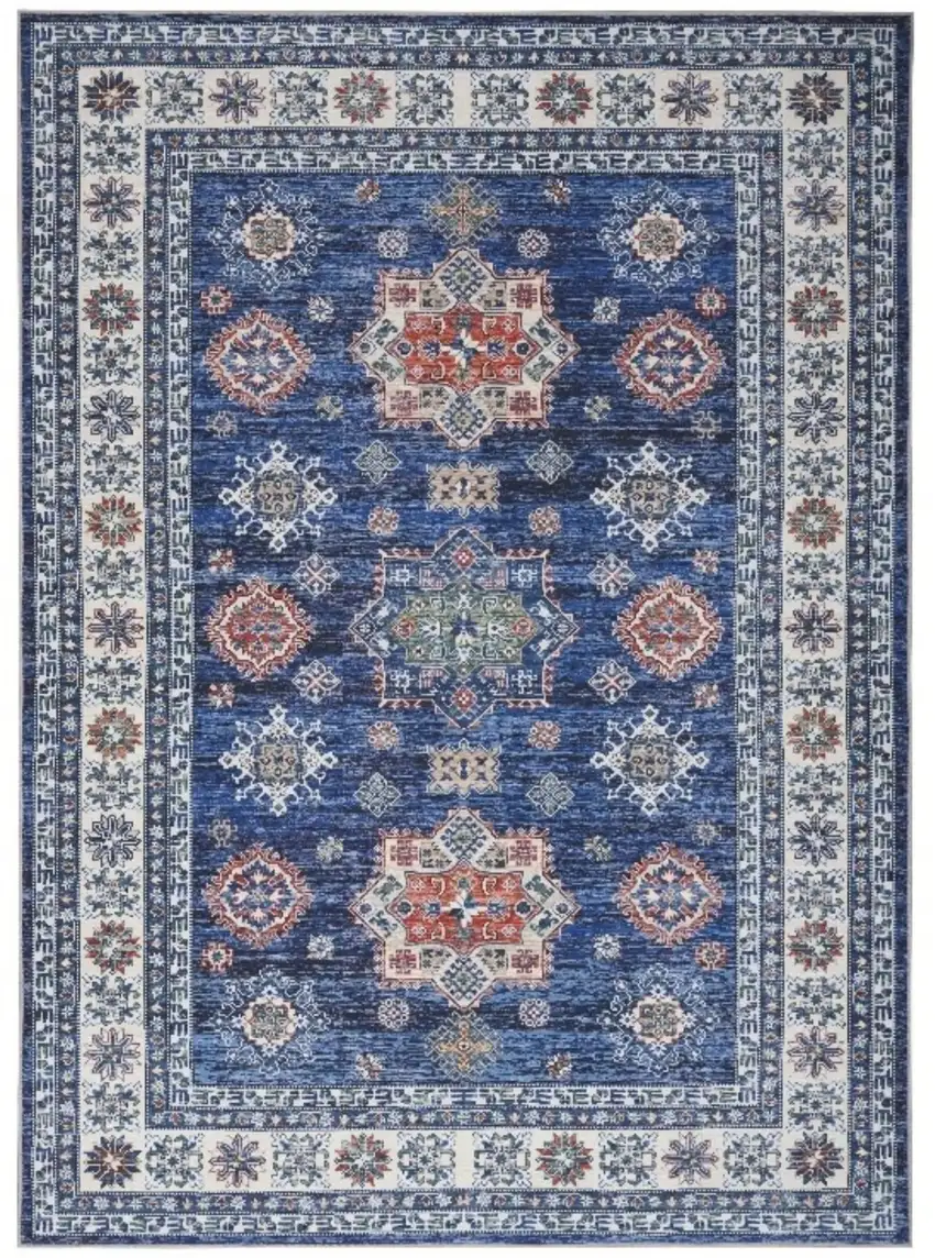 Ivory and Blue Floral Medallion Distressed Non Skid Area Rug Photo 1