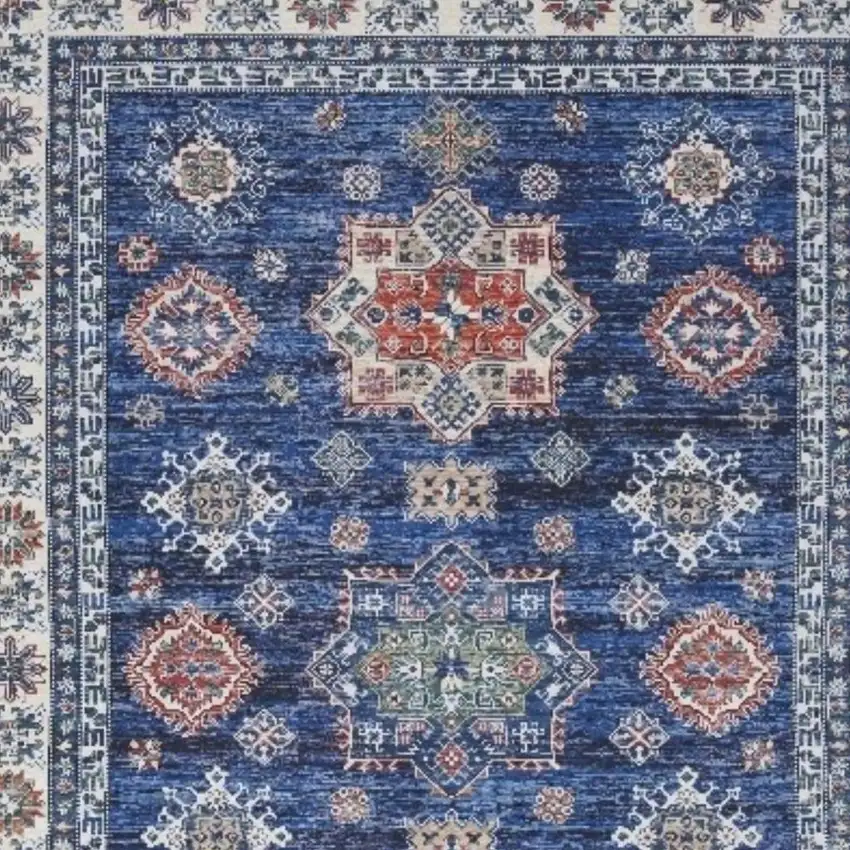 Ivory and Blue Floral Medallion Distressed Non Skid Area Rug Photo 3