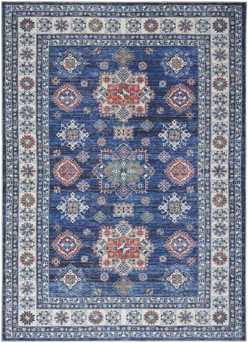 Ivory and Blue Floral Medallion Distressed Non Skid Area Rug Photo 2