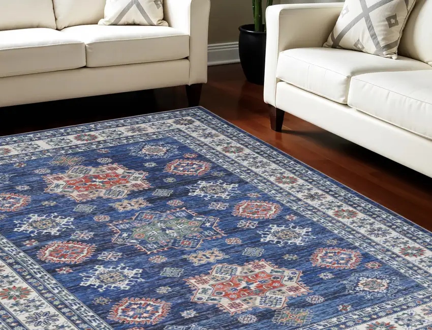 Ivory and Blue Floral Medallion Distressed Non Skid Area Rug Photo 1