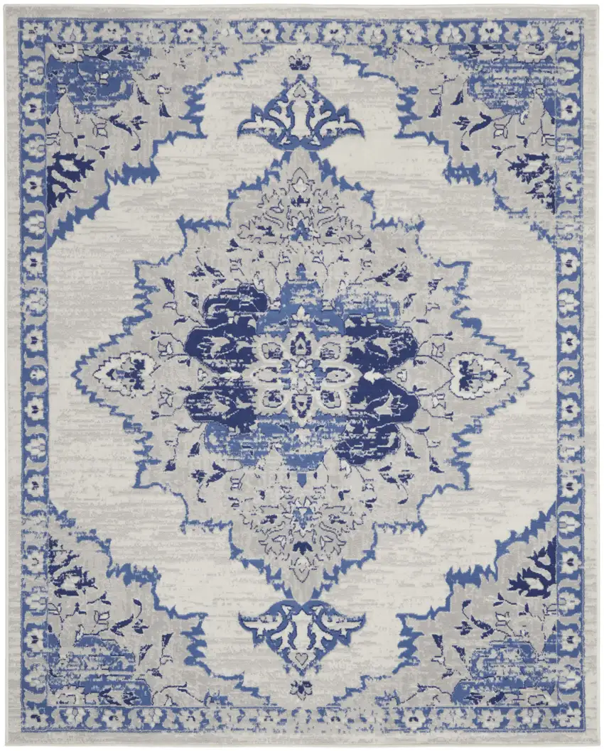 Ivory and Blue Floral Medallion Distressed Non Skid Area Rug Photo 2