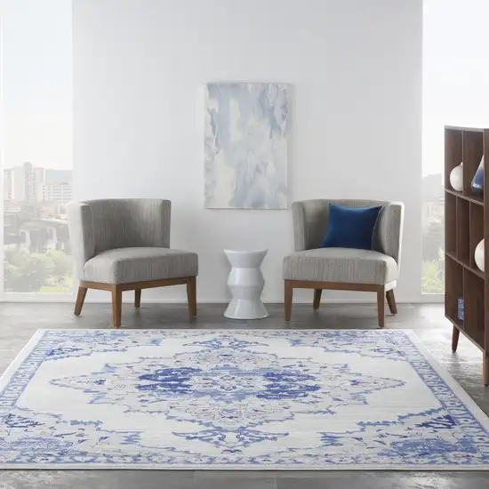 Ivory and Blue Floral Medallion Distressed Non Skid Area Rug Photo 6