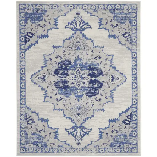 Ivory and Blue Floral Medallion Distressed Non Skid Area Rug Photo 7