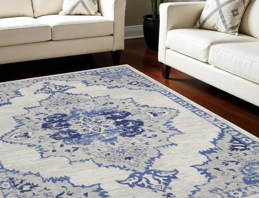 Ivory and Blue Floral Medallion Distressed Non Skid Area Rug Photo 1