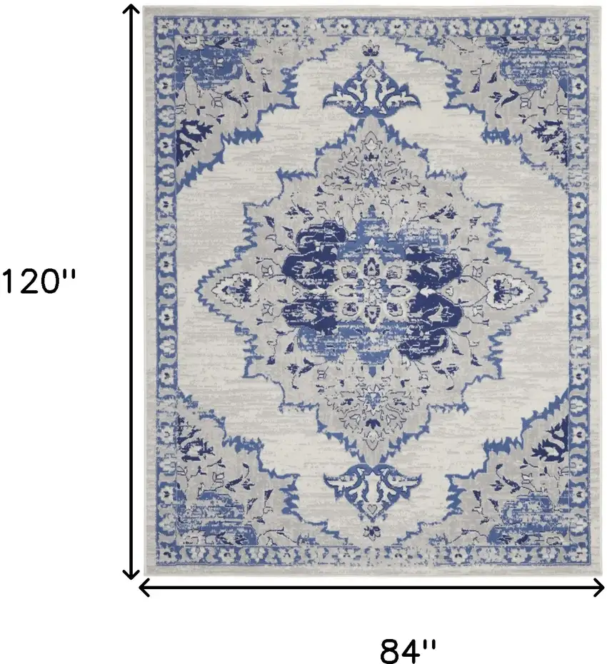Ivory and Blue Floral Medallion Distressed Non Skid Area Rug Photo 3