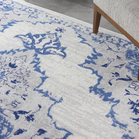 Ivory and Blue Floral Medallion Distressed Non Skid Area Rug Photo 5