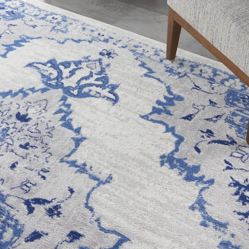 Ivory and Blue Floral Medallion Distressed Non Skid Area Rug Photo 5