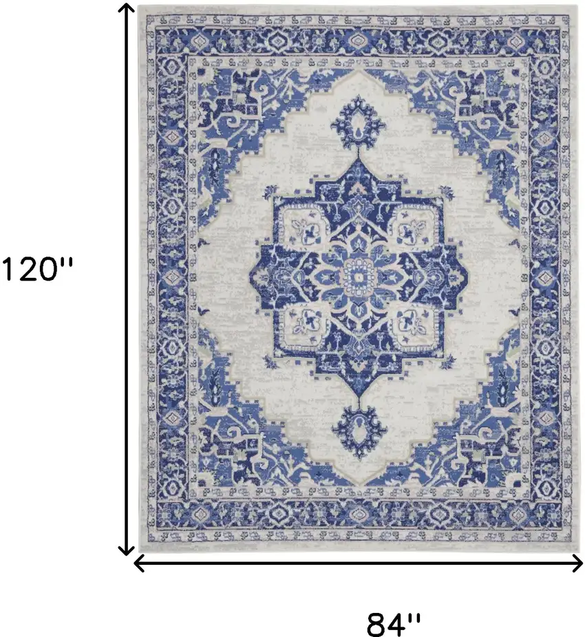 Ivory and Blue Floral Medallion Distressed Non Skid Area Rug Photo 3