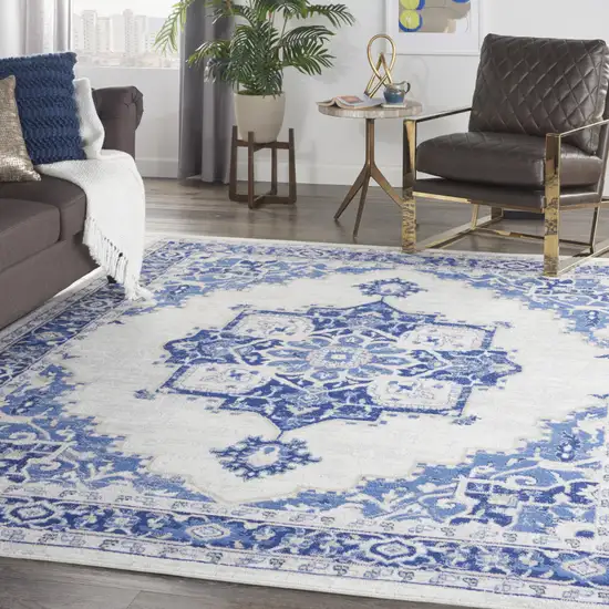 Ivory and Blue Floral Medallion Distressed Non Skid Area Rug Photo 4