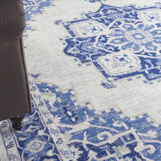 Ivory and Blue Floral Medallion Distressed Non Skid Area Rug Photo 9