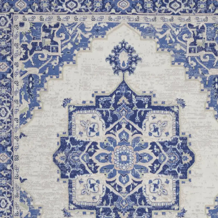 Ivory and Blue Floral Medallion Distressed Non Skid Area Rug Photo 6