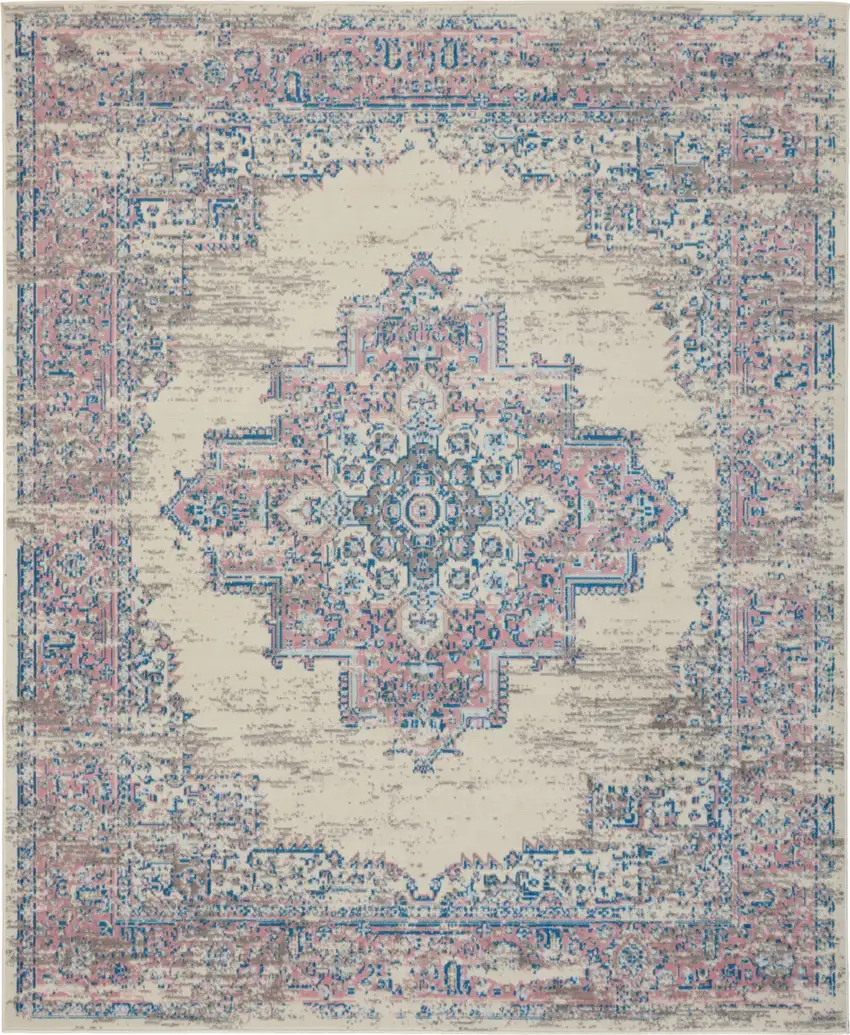 Ivory and Blue Floral Medallion Distressed Non Skid Area Rug Photo 2