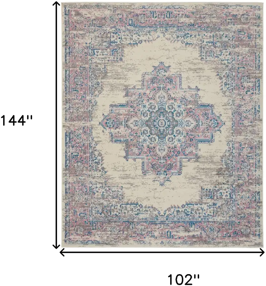 Ivory and Blue Floral Medallion Distressed Non Skid Area Rug Photo 3