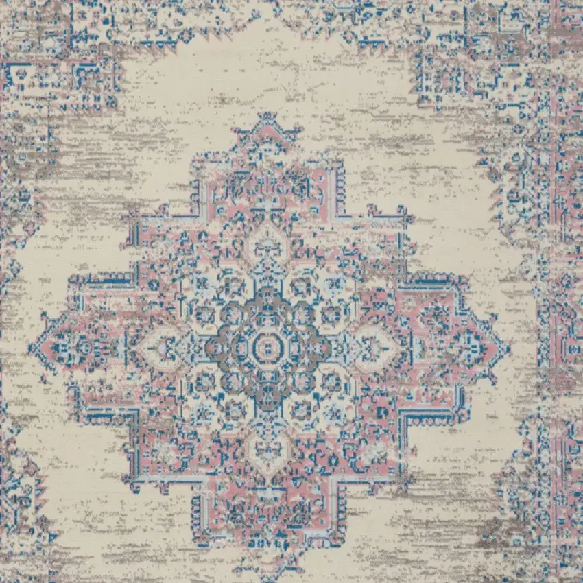 Ivory and Blue Floral Medallion Distressed Non Skid Area Rug Photo 7