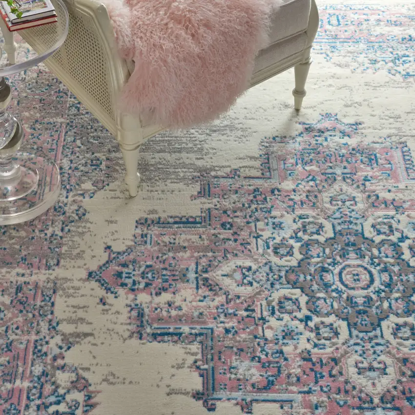 Ivory and Blue Floral Medallion Distressed Non Skid Area Rug Photo 5