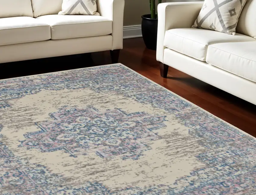 Ivory and Blue Floral Medallion Distressed Non Skid Area Rug Photo 1