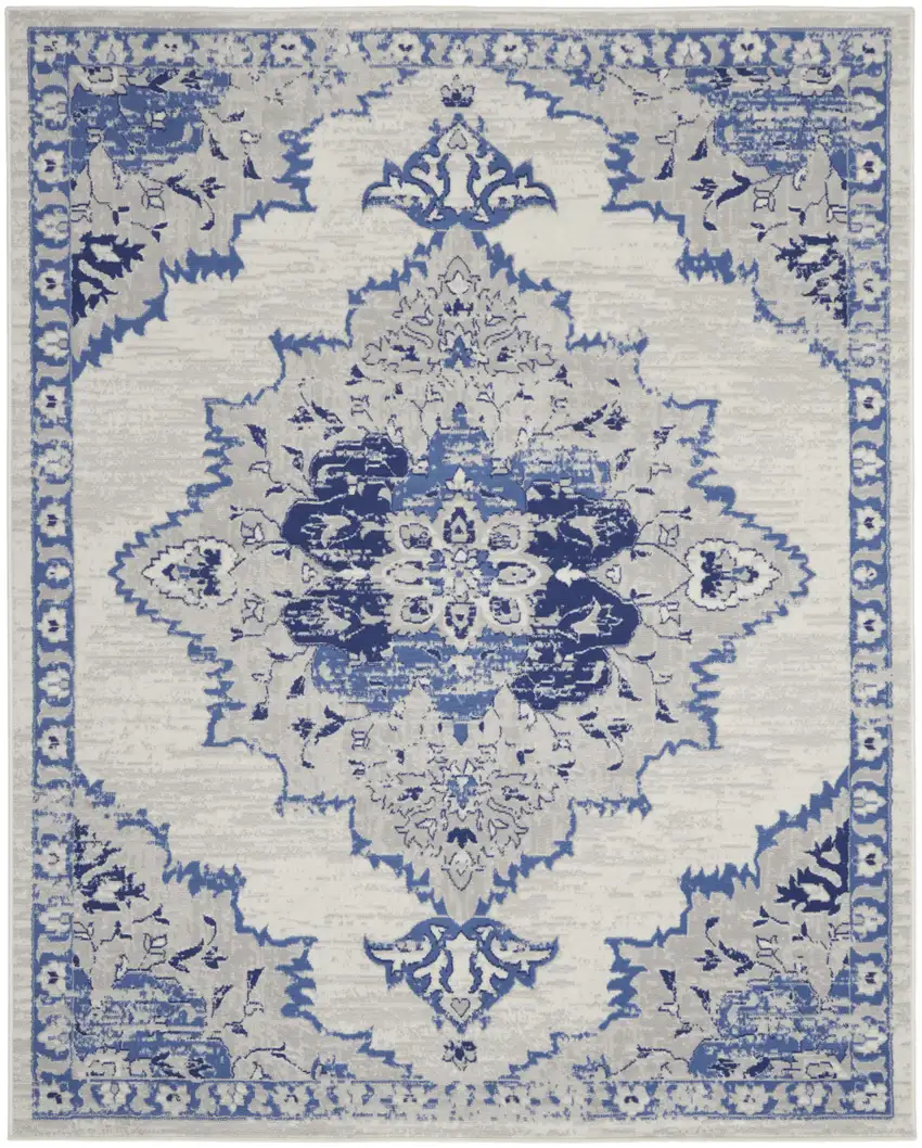 Ivory and Blue Floral Medallion Distressed Non Skid Area Rug Photo 1