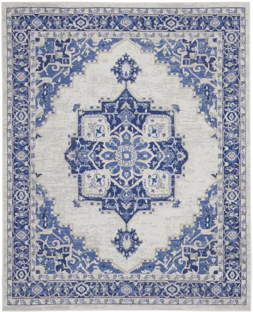 Ivory and Blue Floral Medallion Distressed Non Skid Area Rug Photo 2