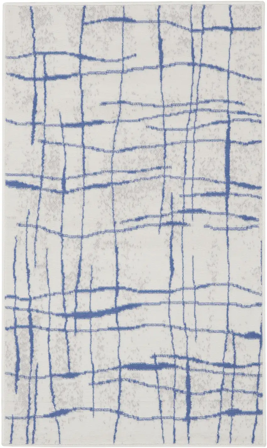 Ivory and Blue Floral Medallion Distressed Non Skid Area Rug Photo 1