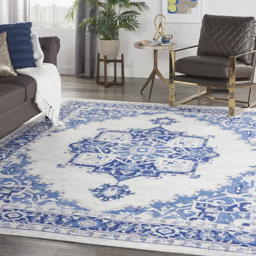Ivory and Blue Floral Medallion Distressed Non Skid Area Rug Photo 4